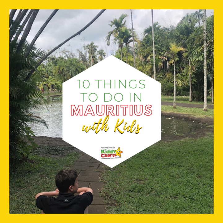 In the image, a list of 10 things to do in Mauritius with kids is being shared by Kiddy Charts, a website that provides helpful resources for parents.