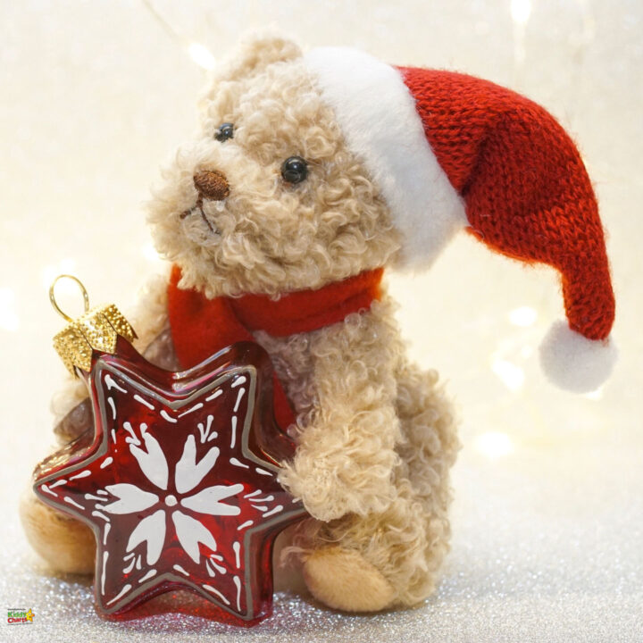 The teddy bear dons a Santa hat.