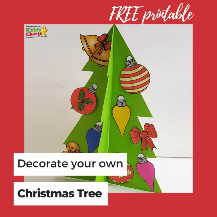 The image depicts a Christmas Tree that can be decorated by printing it out from the website www.kiddycharts.com.