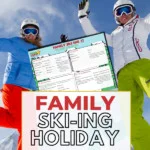 A family is preparing for a ski-ing holiday by checking off items on a checklist.