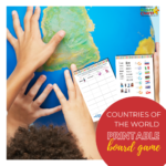 In this image, children are matching countries of the world to featured cities in a printable board game.
