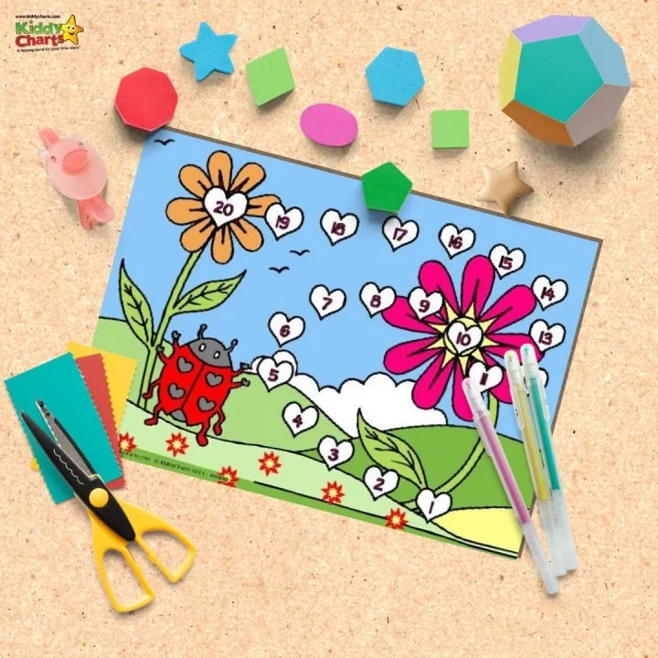 A child is creating a colorful flower drawing with office supplies on a craft table.