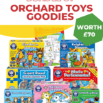 In this image, a bundle of Orchard Toys goodies is being offered as part of a giveaway worth over £1000, with activities such as sticker books, giant road junctions, and matching llamas in pyjamas.