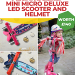 A person is entering a giveaway to win a personalized mini micro deluxe LED scooter and helmet worth £140.