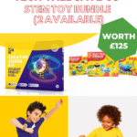 This image is advertising a giveaway of a STEM toy bundle worth £125 from Kiddy Charts.
