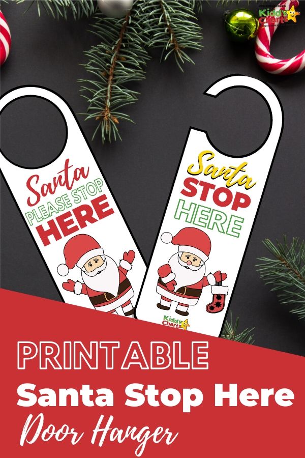 Have fun helping your kids enjoy the magic of Christmas with these Christmas door hangers. An easy to print and hang door hanger with a photo of Santa Claus and asking him to please stop here. #Christmas #Printable #DoorHanger