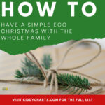 In this image, a family is being shown how to have an eco-friendly Christmas by visiting KiddyCharts.com for a full list of ideas.