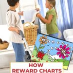 A person and a person are sitting indoors, looking at a basket filled with reward charts to teach the person responsibility.