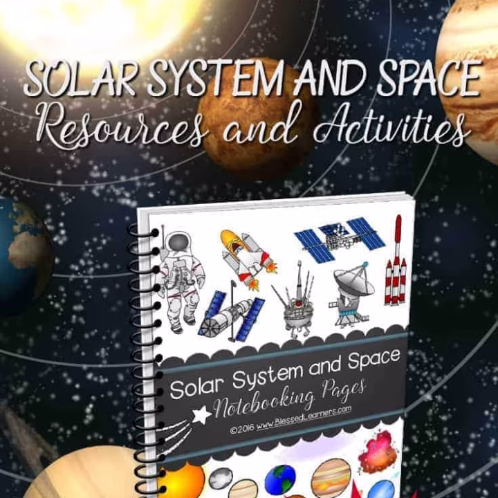 The image is showing a collection of resources and activities related to the Solar System and Space, available for free download from the website Blessed_eamens.com.