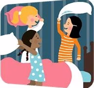 A colorful animated cartoon illustration with clipart and text on the screen.