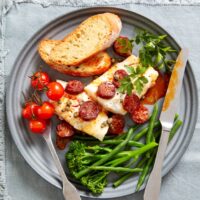 Hearty family meal: Spanish Chorizo and Roast Cod with Capers and Tomato