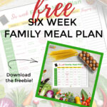 This image is promoting a free family meal plan from Kiddy Charts, a website that provides helpful resources for parents.