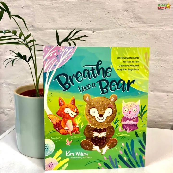 This image shows a book cover with a bear character demonstrating mindful breathing techniques to help kids feel calm and focused.