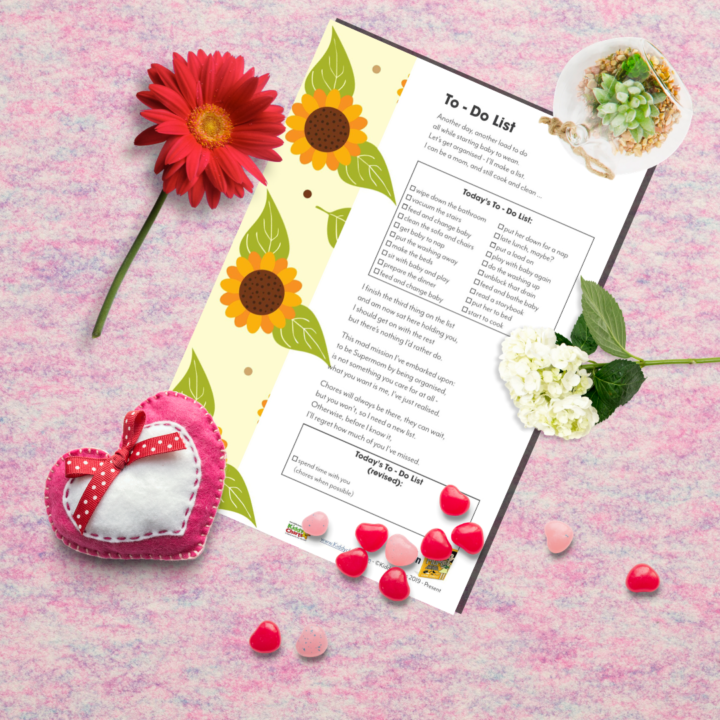 The image shows a greeting card with a letter, flowers, and a to-do list on Valentine's Day.