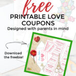 This image is promoting a website that offers free printable love coupons, movie night ideas, and other activities for parents to do with their children.