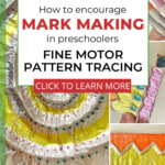 This image provides information on how to encourage mark making, fine motor pattern tracing, and permanent in preschoolers through the website Kiddy Charts.