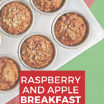 A baker is carefully arranging freshly-baked raspberry and apple breakfast muffins on a plate.