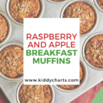 A baker is carefully arranging freshly-baked raspberry and apple breakfast muffins on a plate in an indoor kitchen.