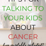 This image is providing tips for parents on how to talk to their children about cancer, as well as a free printable resource from Kiddy Charts.