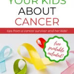 In this image, a cancer survivor and their kids are providing tips on how to talk to children about cancer, with a free printable included.