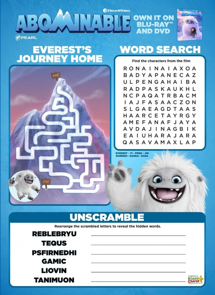 Get your kids even more excited for the release of the upcoming Abominable movie with these free Abominable activity sheets! #abominable #abominablethemovie #abominablefilm #abonimablemovie #funforkids #activitysheets #abominableactivitysheets #kiddycharts #freeprintables