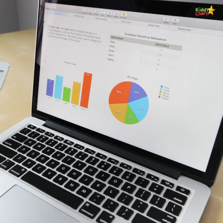 The image shows a laptop with a touchpad, keyboard, and various charts comparing data, such as column, bar, and pie charts, to illustrate the number of products sold by each salesperson.