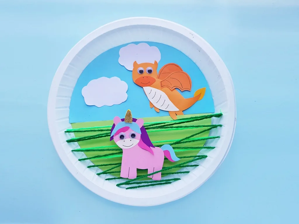 completed unicorn and dragon paper plate craft