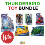This image is advertising a bundle of Thunderbird toys, including a Virgil Tracy figurine, a Thunderbird 2 model, and a Thunderbird Motion-Tech 14 4 AT2.