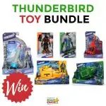 This image is advertising a bundle of Thunderbird toys, including a Virgil Tracy figurine, a Thunderbird 2 model, and a Thunderbird Motion-Tech 14 4 AT2.