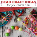 This image is showcasing five DIY bead craft ideas for kids' hair, as provided by the website KiddyCharts.com.