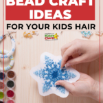 This image is showcasing five DIY bead craft ideas for kids' hair, with a link to the website Kiddy Charts which provides helpful resources for parents with young children.