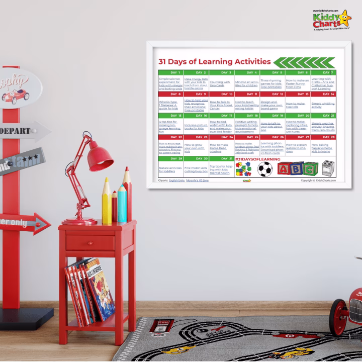This image is a list of 31 days of learning activities for children, with each day having a different activity to help them learn.