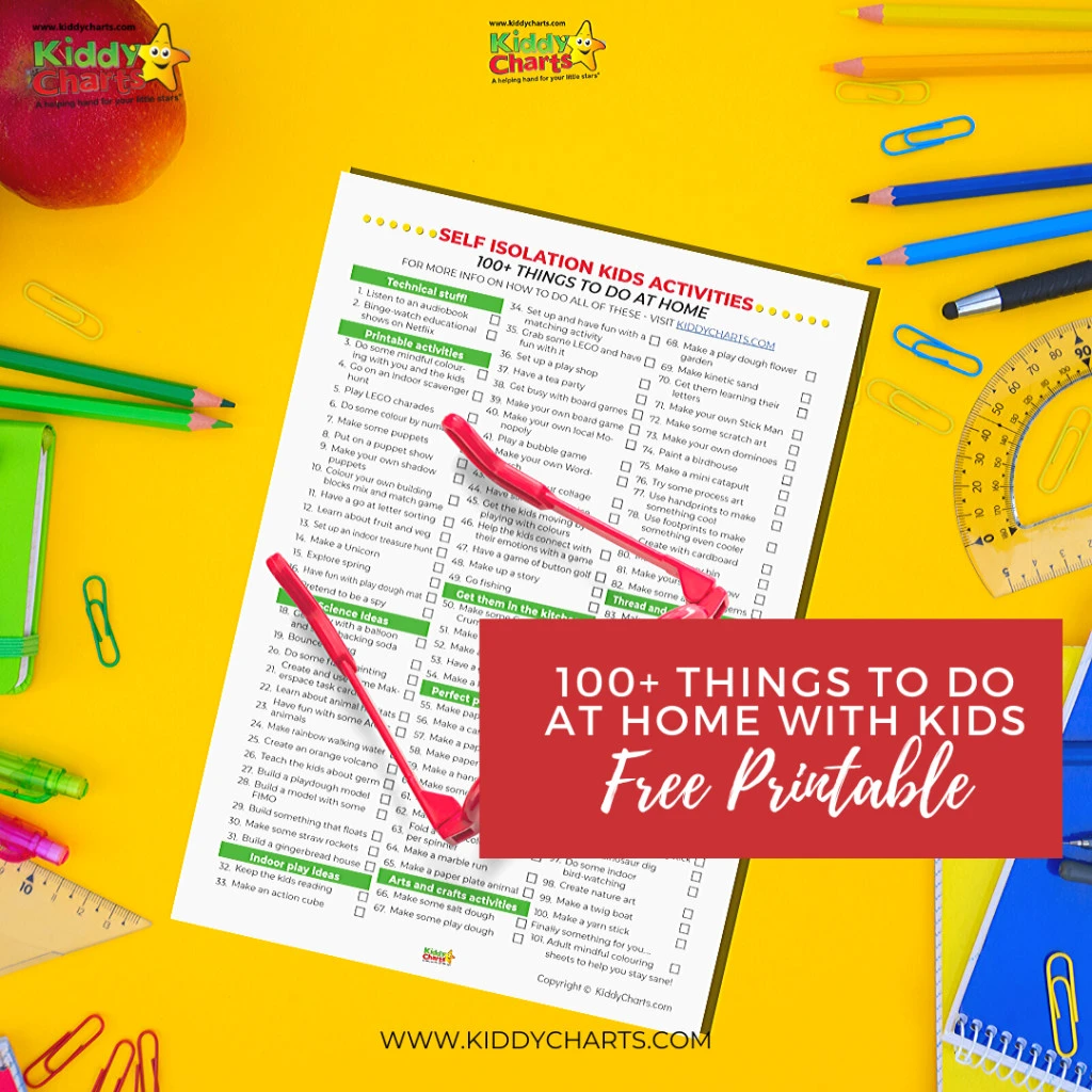 100 ideas for things to do at home with the kids! Check out the FREE printable! Self isolation kids activities. 