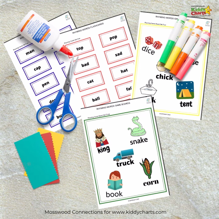 This image is showing a set of rhyming words flashcards, game boards, and charts for children to learn and play with.