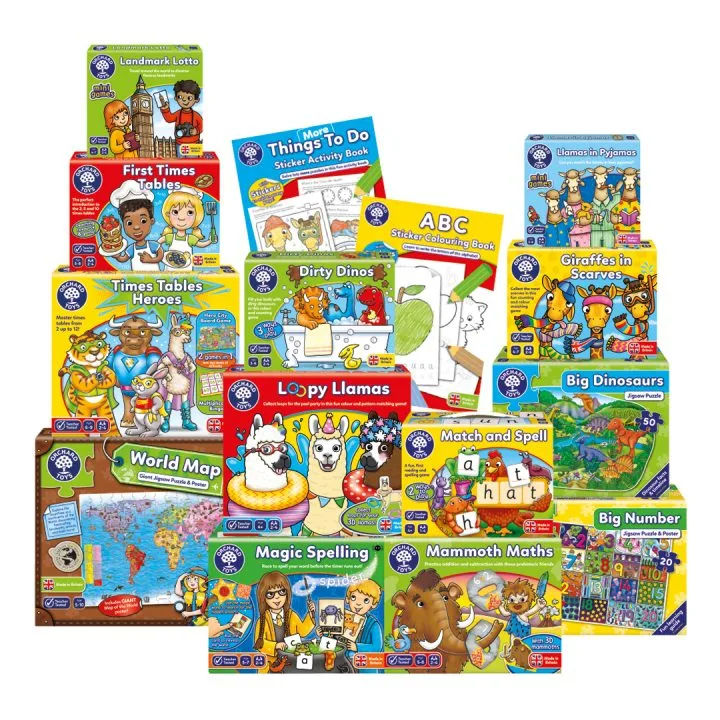 This image is advertising a variety of educational and fun activities for children, such as sticker books, jigsaw puzzles, and spelling games.