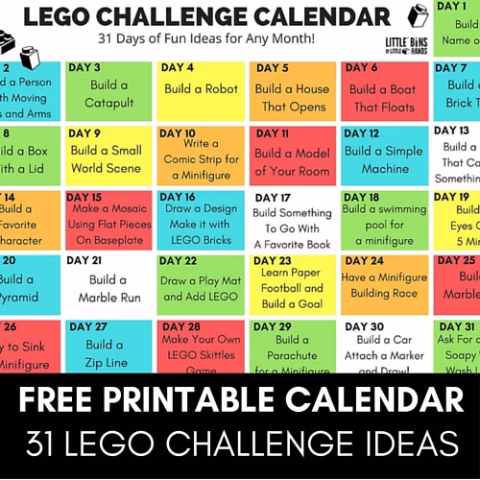 In this image, a calendar with 31 LEGO building challenge ideas for each day of the month.