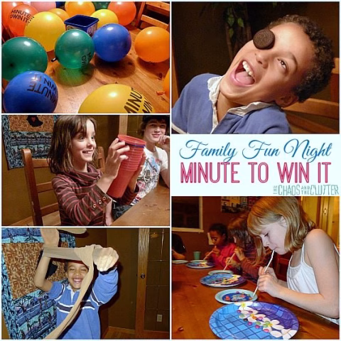 A person is smiling while holding a balloon and a collage of party supplies, ready to start a Family Fun Night of Minute to Win It games.