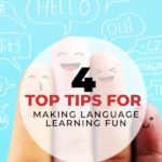This image is promoting Kiddy Charts' tips for making language learning fun for children.