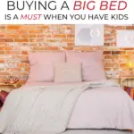 This image is promoting the website Kiddy Charts and providing five reasons why buying a big bed is a must when you have kids.