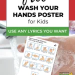 This image is a poster encouraging children to wash their hands using a hand-washing technique with soap and water, and provides a link to KiddyCharts.com to create their own posters.
