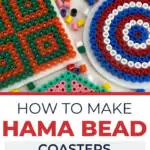This image is showing instructions on how to make Hama bead coasters using Kiddy Charts' website as a guide.