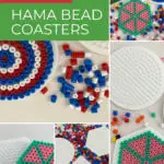 This image is showing instructions on how to make Hama bead coasters, with a link to a website providing further information.