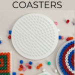 A person is showing how to make Hama bead coasters using charts and instructions.