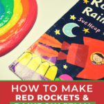 In the image, a child is crafting a red rocket and rainbow jelly book from instructions found on the Rebel Tribe blog on the Kiddy Charts website.
