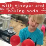 A simple science experiment is being conducted with vinegar and baking soda for kids, followed by a reward of daisies and pie from KiddyCharts.com.