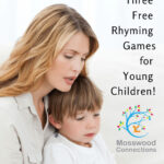 In this image, three free rhyming games for young children are being offered by Mosswood Connections Charts to help teach them about rhymes.