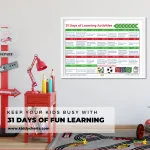 This image is providing 31 days of learning activities for children, such as experiments, crafts, games, and nature activities, to help keep them busy and learning.