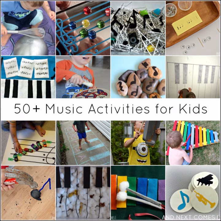 This image is showcasing a list of 50+ music activities for kids to enjoy.