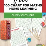 This image is a 100 chart for math home learning, with numbers from 1 to 100 organized in a grid.