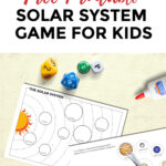 This image is showing a free printable game for kids to learn about the Solar System by cutting out and pasting circles around the planets onto a solar system diagram.